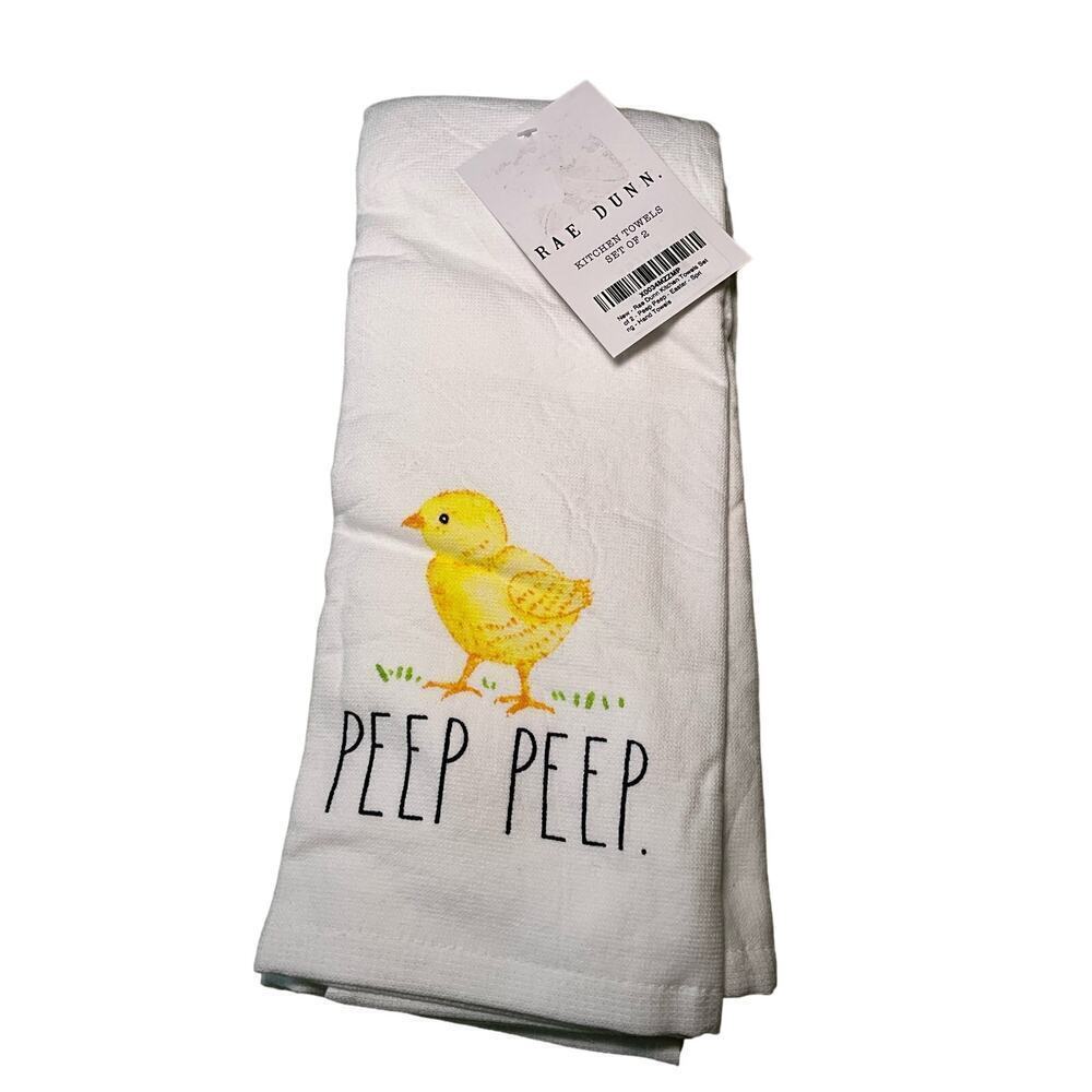 Set of 2 - Rae Dunn Kitchen Hand Towel White Easter Design Peep Peep Embroidered